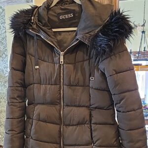 GUESS Women's Dark Puffer Jacket with Faux Fur Trim